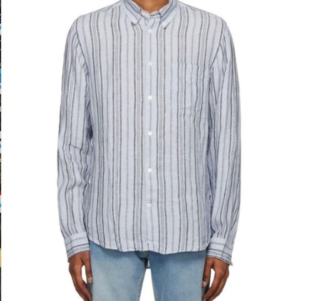NN.07 Men's Size L Arne BD 5220 Blue Gray Stripe Linen Button Down Shirt Casual